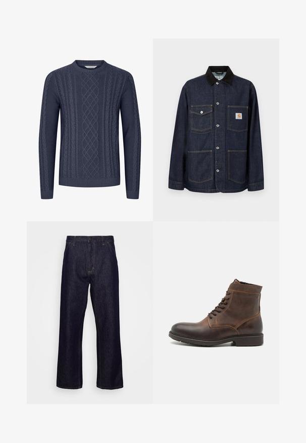 Mørkeblå denimjakke med sort krave, fire forlommer herunder en med Carhartt-logo påsat, og knaplukning ned langs midten.; Mørkeblå strikket sweater med teksturerede kabelmønstre, rund halsudskæring og ribbekanter ved ærmerne og nederste kant. Fremstillet af blødt og holdbart stof.; Mørkeblå lige ben denim jeans med forlommer, bæltestropper, lynlås og knaplukning, præsenteret foran en simpel hvid baggrund.; Jack & Jones JFWDELANEY BOOT - Snørestøvletter - cognac