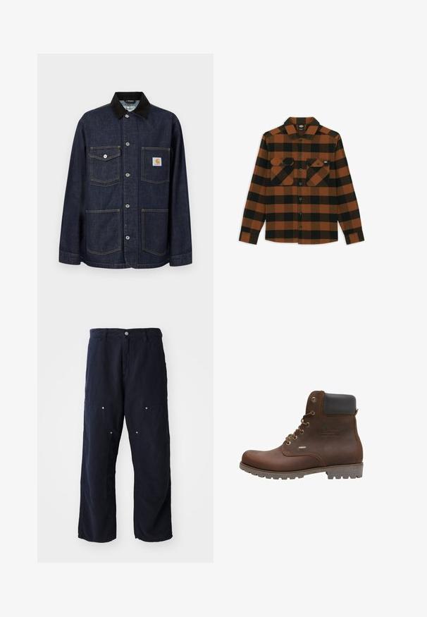 Chaqueta de mezclilla azul oscuro con cuello negro, cuatro bolsillos delanteros incluyendo uno con parche del logo de Carhartt, y cierre con botones en el centro.; Camisa de manga larga en un patrón de cuadros naranja y negro, hecha de una tela texturizada. Presenta dos bolsillos en el pecho y cierre frontal con botones.; Pantalones de pierna ancha color azul marino, hechos de algodón con un acabado texturizado. Presenta dos bolsillos delanteros con acentos de botón y un cierre delantero con botón.; Botín de cuero marrón con acentos negros, ojales metálicos, diseño de cordones, suela texturizada y detalle impermeable en el lateral.