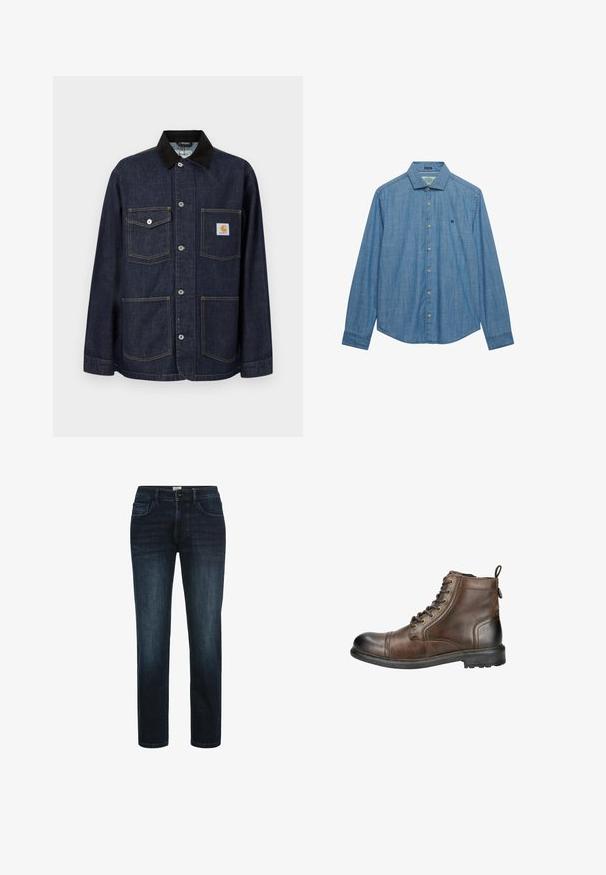 Mørkeblå denimjakke med sort krave, fire forlommer herunder en med Carhartt-logo påsat, og knaplukning ned langs midten.; Blå chambray skjorte med lange ærmer, krave, syv knapper foran og lille broderet logo på venstre bryst.; Mørk vaskede denimjeans med lige ben, der har fem lommer, knaplukning og subtil fading langs lårene.; Brune læder ankelstøvle med rund tå, snørebånd fortil og et hævet træk ved hælen. Har en robust sål med mønster for godt fodfæste.