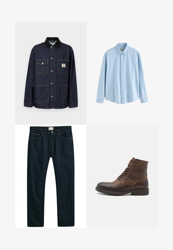 Mørkeblå denimjakke med sort krave, fire forlommer herunder en med Carhartt-logo påsat, og knaplukning ned langs midten.; Lyseblå denimskjorte med lange ærmer, knapper og krave, medium størrelse, vist mod en hvid baggrund.; Mørkeblå denim jeans med lige ben, fem lomme styling og kontrastsyet på sømmene. Glat stoftekstur.; Jack & Jones JFWDELANEY BOOT - Snørestøvletter - cognac