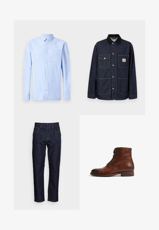 Donkerblauwe spijkerjas met een zwarte kraag, vier zakken aan de voorkant waarvan één met Carhartt-logo patch, en een knoopsluiting aan de voorkant.; Lichtblauw langarm overhemd met knopen, gemaakt van zachte stof, met een button-down kraag en een enkele borstzak.; Donkerblauwe spijkerbroeken met een rechte snit, vijf zakken en contrasterende gele stiksels. Ontworpen met een klassieke knoop- en ritssluiting.; Bruine leren enkellaarsjes met een ronde neus, 6 veterogen en een gladde, gestructureerde afwerking. Voorzien van een lage, gestapelde hak en contrasterende stiksels.