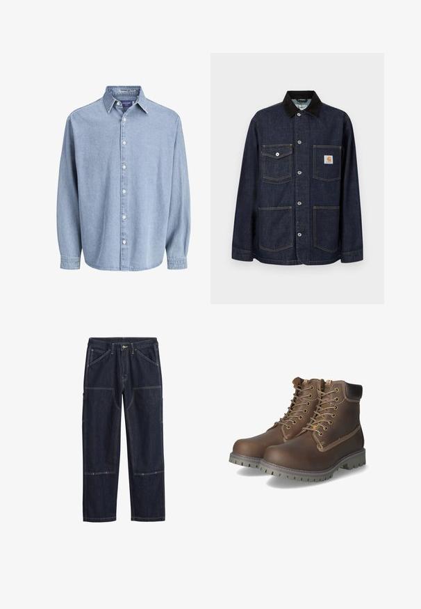 Donkerblauwe spijkerjas met een zwarte kraag, vier zakken aan de voorkant waarvan één met Carhartt-logo patch, en een knoopsluiting aan de voorkant.; Lichtblauwe denim lange mouw knoophemd met kraag en witte knopen, weergegeven tegen een effen witte achtergrond.; Donkerblauwe spijkerbroek met dubbele stiksels, een knoop aan de voorkant, riemlussen en meerdere versterkte opgestikte zakken op de benen.; Bruine leren enkellaarsjes met veters, een geveerd kraagje, contrasterende stiksels en een robuuste rubberen zool met grippatronen.