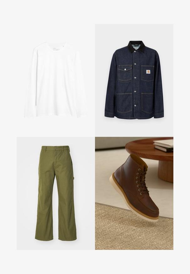 Donkerblauwe spijkerjas met een zwarte kraag, vier zakken aan de voorkant waarvan één met Carhartt-logo patch, en een knoopsluiting aan de voorkant.; Witte longsleeve t-shirt van katoen. Kenmerkt zich door een ronde hals, een slim fit en zijsplitten aan de onderkant. Eenvoudig ontwerp zonder patronen.; Olijfgroene wijde broek van duurzaam materiaal, met een knoopsluiting, zijzakken en een rechte zoom.; Bruine leren enkelboot met beige zool op een gestructureerd beige vloerkleed naast een ronde houten tafel met opgestapelde boeken.