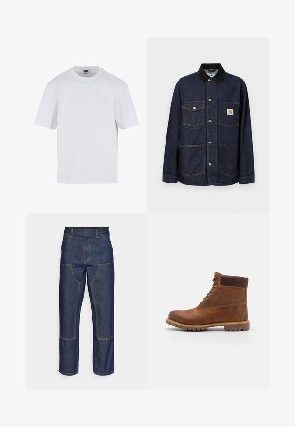 Veste en denim bleu foncé avec col noir, quatre poches avant dont une avec patch logo Carhartt, et fermeture à boutons au centre.; T-shirt blanc à manches courtes en coton. Il présente un col rond et une coupe décontractée. Texture lisse, design minimaliste, sans motifs ni accents.; Jeans en denim bleu foncé avec une taille haute, une coupe droite, des coutures contrastantes et des poches appliquées à l'avant.; Botte de randonnée en cuir marron avec une finition lisse, cheville rembourrée, œillets en métal et semelle en caoutchouc dotée d'un motif de crampons robuste.