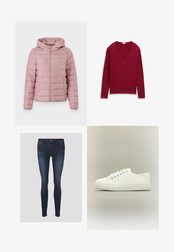 TOM TAILOR DENIM LIGHTWEIGHT PUFFER JACKET - Kerge jope - bristly rose; Punane pika varrukaga kootud pehme särk, millel on V-kaelus. Valmistatud pehmest materjalist, millel on ühtlane tekstuur ilma mustrite või kaunistusteta.; Kitsad teksad, tumedast sinisest denimist, millel on oranž õmblus, nupu sulgemine ja ees taskud. Sile tekstuur ja vormitatud kuju.; Valge madala säärega toss valgete paelte ja kummist tallaga, külgvaates neutraalsel taustal.
