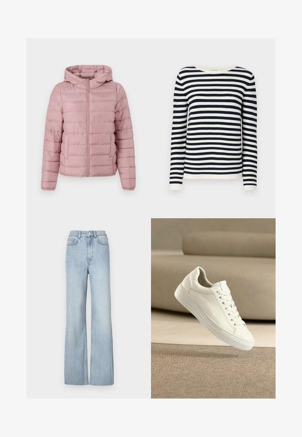 TOM TAILOR DENIM LIGHTWEIGHT PUFFER JACKET - Ľahká bunda - bristly rose; Námornícky a biele pruhované sveter s dlhým rukávom, okrúhlym výstrihom a rebrovanými manžetami. Mäkko pletená tkanina s klasickým strihom.; Svetlomodré džíny s rozšírenými nohavicami a vysokým pásom, s prednými vreckami a jemnými švovými detailami pozdĺž nohavíc.; Biely kožený tenisky so štýlovým klasickým dizajnom, so šnurovaním, plochou gumovou podrážkou a textúrovanými detailmi. Čistý, minimalistický vzhľad.