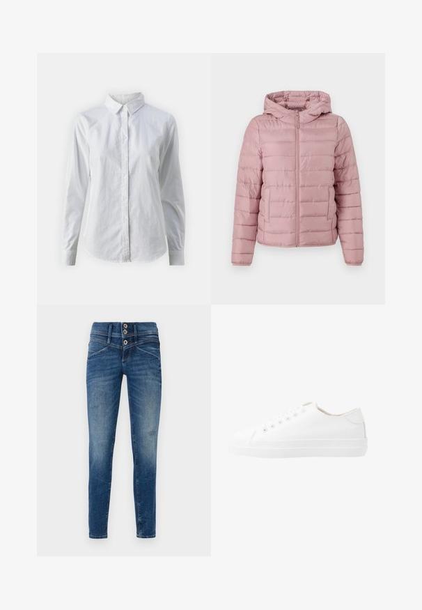 TOM TAILOR DENIM LIGHTWEIGHT PUFFER JACKET - Ľahká bunda - bristly rose; Biela košeľa s gombíkmi vyrobená z hladkej bavlny, s klasickým golierom, dlhými rukávmi a zakriveným lemom. Gombíky sú malé a biele.; Chudé džínsy v tmavomodrom denimovom prevedení s obnošeným vzhľadom, s vysokým pásom, uzatváraním na dva gombíky a so zničenými detailmi na nohách.; Biele plátené tenisky s nízkym dizajnom, okrúhlou špičkou, šiestimi očkami a textúrovanou gumovou podrážkou. Hladký materiál s minimálnymi akcentmi.