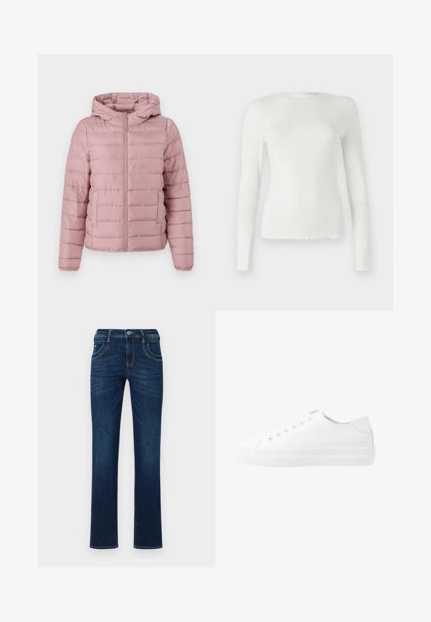 TOM TAILOR DENIM LIGHTWEIGHT PUFFER JACKET - Välikausitakki - bristly rose; TOM TAILOR DENIM WITH FRILL EDGE - Pitkähihainen paita - off white; Tummansiniset farkut suoran lahkeiden leikkauksella, viiden taskun suunnittelulla ja tavanomaisella napituskiinnityksellä. Sisältää hienovaraisia ompeluyksityiskohtia.; Valkoiset kangaskengät matalalla varrella, pyöreä kärki, kuusi rei'itystä ja rakenteellinen kumipohja. Sujuva materiaali, jossa on minimoitu koristeellisuus.