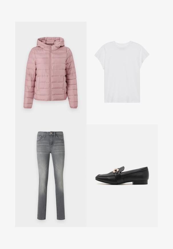 TOM TAILOR DENIM LIGHTWEIGHT PUFFER JACKET - Übergangsjacke - bristly rose; Weißes kurzärmliges T-Shirt mit Rundhalsausschnitt, lockerer Passform, aus weichem Baumwollstoff. Glatte Textur, keine Muster oder Logos.; Graue Denim-Jeans im Slim-Fit, mit einem ausgewaschenen Look, fünf Taschen, einem Knopfverschluss und dezenten Nähdetails.; Schwarzer Lederloafer mit niedrigem Absatz, der einen goldfarbenen, verzierten Riemen über dem Spann und ein glattes, elegantes Design aufweist.