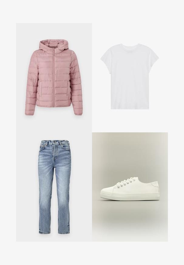 TOM TAILOR DENIM LIGHTWEIGHT PUFFER JACKET - Välikausitakki - bristly rose; Valkoinen lyhythihainen t-paita, jossa on pyöreä kaula-aukko ja rento malli, valmistettu pehmeästä puuvillakankaasta. Suhteellisen sileä pinta, ilman kuvioita tai logoja.; Vaaleansiniset farkut suoralla istuvuudella, korkea vyötärö, haalistunut pinta ja viisi taskua. Varustettu metallinapeilla ja vetoketjulla.; Valkoinen matala tennari, jossa valkoiset nauhat ja kumipohja, sivukuvassa neutraalilla taustalla.