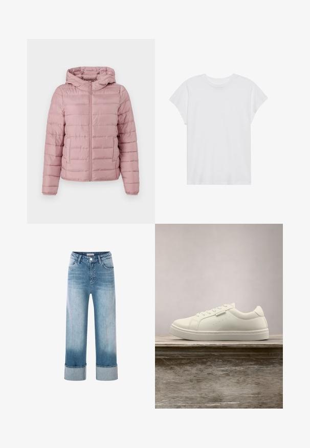 TOM TAILOR DENIM LIGHTWEIGHT PUFFER JACKET - Välikausitakki - bristly rose; Valkoinen lyhythihainen t-paita, jossa on pyöreä kaula-aukko ja rento malli, valmistettu pehmeästä puuvillakankaasta. Suhteellisen sileä pinta, ilman kuvioita tai logoja.; Vaaleansiniset farkut, joissa on korkea vyötärö, leveät lahkeet ja käännettävät lahkeensuut. Ominaista klassinen viisi taskun malli ja kupariset yksityiskohdat.; Valkoinen nahkakenkä nauhoilla leijuu puupenkkiä yllä, taustalla on epätarkkaa vihreää pitkää ruohoa ulkona.