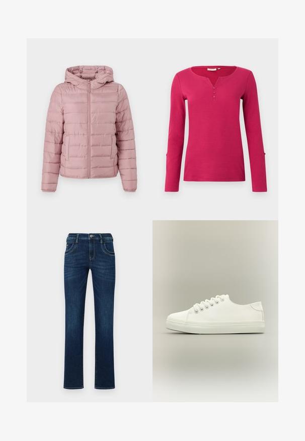 TOM TAILOR DENIM LIGHTWEIGHT PUFFER JACKET - Übergangsjacke - bristly rose; Langärmliges pinkes Oberteil mit gerippter Textur, das eine Henley-Ausschnitt und eine Knopfleiste mit drei Knöpfen aufweist. Enthält Schlitzakzente an den Ärmelenden.; Dunkelblaue Denim-Jeans mit geradem Bein, fünf Taschen, und einem standardmäßigen Knopfverschluss. Verfügt über dezente Stickdetails.; Weißer Low-Top-Sneaker mit weißen Schnürsenkeln und Gummisohle, seitlich auf neutralem Hintergrund dargestellt.