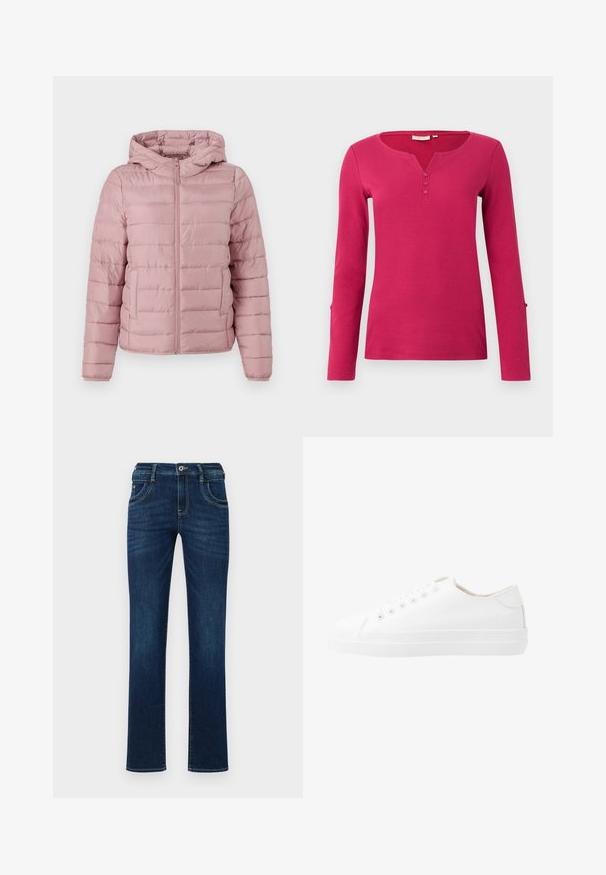 TOM TAILOR DENIM LIGHTWEIGHT PUFFER JACKET - Übergangsjacke - bristly rose; Langärmliges pinkes Oberteil mit gerippter Textur, das eine Henley-Ausschnitt und eine Knopfleiste mit drei Knöpfen aufweist. Enthält Schlitzakzente an den Ärmelenden.; Dunkelblaue Denim-Jeans mit geradem Bein, fünf Taschen, und einem standardmäßigen Knopfverschluss. Verfügt über dezente Stickdetails.; Weiße Leinenschuhe mit niedrigem Schnitt, runder Zehenpartie, sechs Ösen und einer strukturierten Gummisohle. Glattes Material mit minimalen Akzenten.