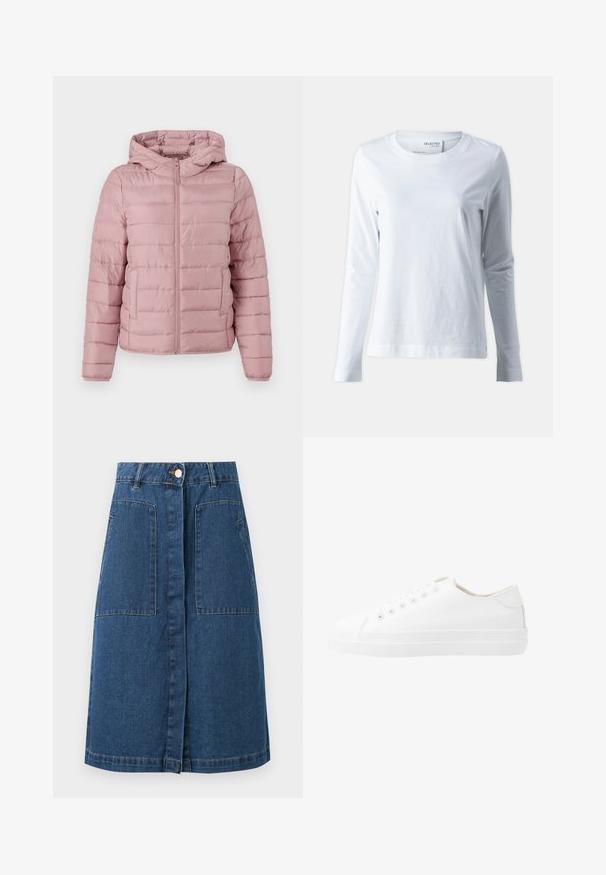 TOM TAILOR DENIM LIGHTWEIGHT PUFFER JACKET - Overgangsjakke - bristly rose; Hvid langærmet t-shirt lavet af blødt bomuld. Har en rund halsudskæring og tætsiddende ærmer. Glat tekstur med et enkelt design.; Mørkeblå denim knælængde nederdel med knaplukning foran, bæltestropper og to store forlommer med klap.; Hvide kanvas sneakers med lavt design, rund tå, seks snørehuller og en struktureret gummisål. Glat materiale med minimale detaljer.