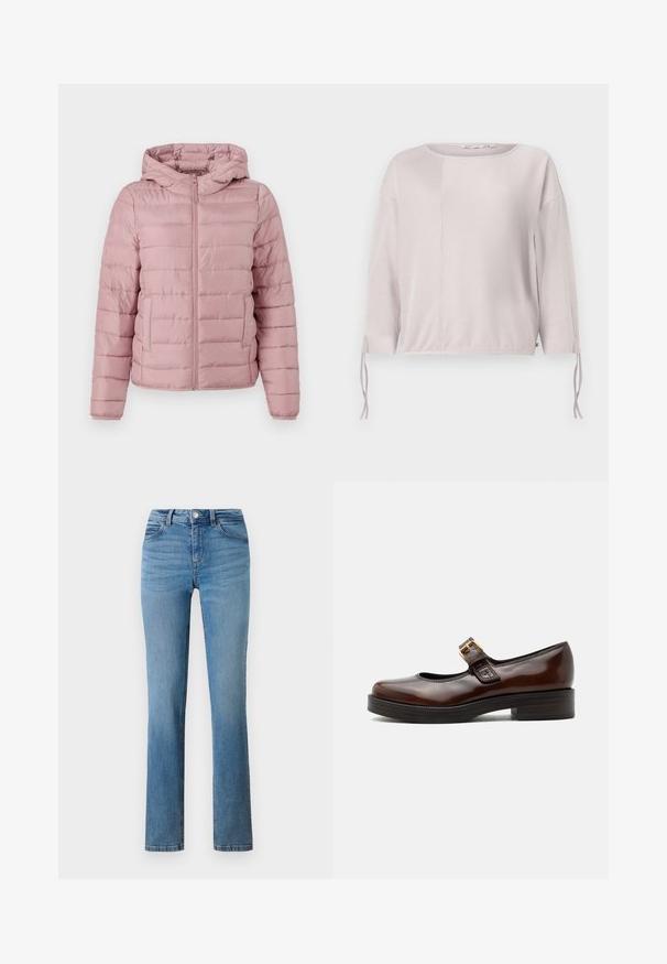 TOM TAILOR DENIM LIGHTWEIGHT PUFFER JACKET - Zimná bunda - bristly rose; Svetlošedý pulóver s dlhými rukávmi, ryhovanou textúrou, voľným strihom, bočnými viazaniami a okrúhlym výstrihom. Má kontrastné panely.; Svetlomodré riflové nohavice s priamym strihom, vybavené zipsom na zapínanie, gombíkovým zapínaním a prešitými vreckami na prednej aj zadnej strane.; Tmavohnedá obuv Mary Jane s lesklým povrchom, zaoblenou špičkou, nízkym blokovým podpätkom a zlatou sponou cez priehlavok.
