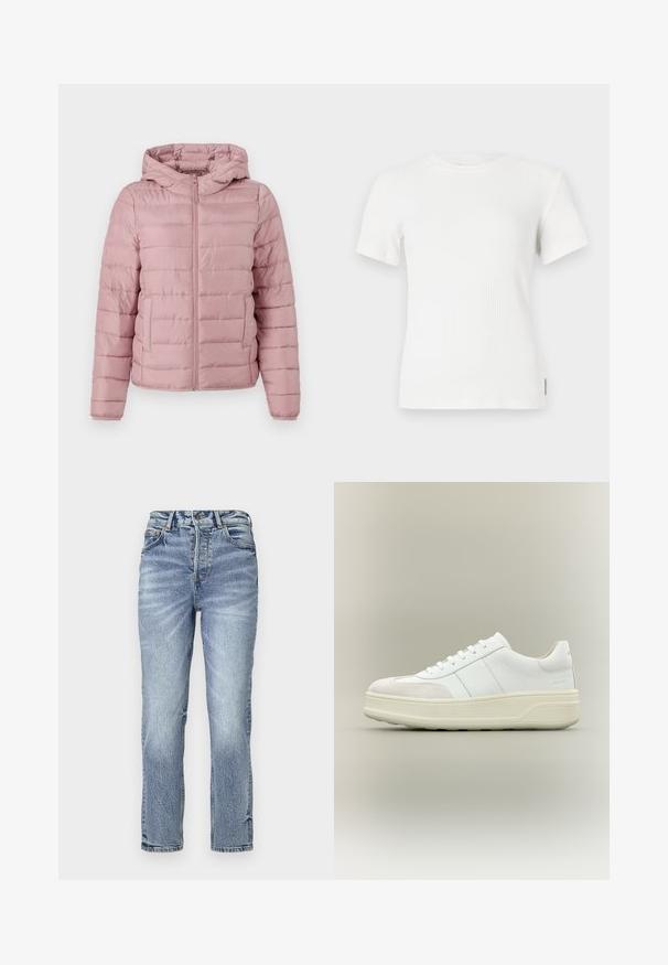 TOM TAILOR DENIM LIGHTWEIGHT PUFFER JACKET - Zimná bunda - bristly rose; Biele rebrované tričko s krátkym rukávom a okrúhlym výstrihom. Mäkká textúra, priliehavý strih a minimálne švy.; Svetlomodré denimové nohavice so rovný strihom, vysokým pásom, vyblednutou textúrou a piatimi vreckami. Obsahuje kovové zapínanie na gombík a zips.; Biele nízke tenisky s hrubou krémovou podrážkou, šnurovaním vpredu a zamatovým detailom na špičke, zobrazené na béžovom pozadí.