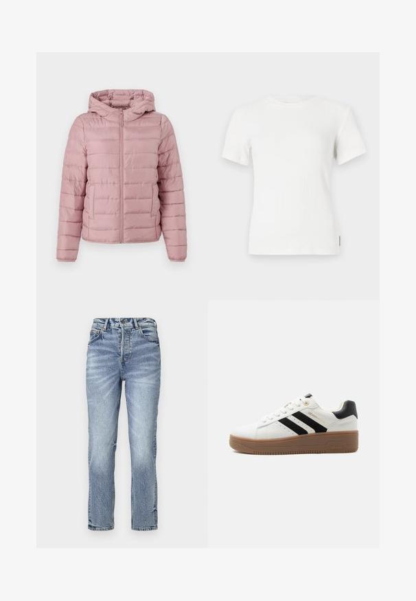 TOM TAILOR DENIM LIGHTWEIGHT PUFFER JACKET - Winterjas - bristly rose; Witte geribbelde korte mouw t-shirt met een ronde halslijn. Zachte structuur, aansluitend ontwerp en minimale stikseldetails.; Lichtblauwe spijkerbroek met een rechte pasvorm, hoge taille, vervaagde textuur en vijf zakken. Voorzien van een metalen knoop en ritsluiting.; Witte lage sneaker met zwarte strepen, bruine rubberen zool, veterconstructie aan de voorkant en gevoerde zwarte hielkraag.