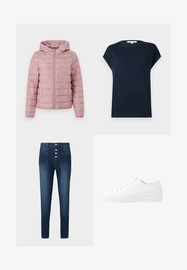 TOM TAILOR DENIM LIGHTWEIGHT PUFFER JACKET - Ľahká bunda - bristly rose; Námornícky modré tričko s krátkymi rukávmi vyrobené z mäkkej tkaniny. Disponuje okrúhlym výstrihom a zvinutými manžetami, s rovnými okrajmi na spodnej časti.; Tmavomodré džínsy s vysokým pásom, na päť gombíkov, a dvoma prednými vreckami. Hladká textúra s kontrastným prešívaním.; Biele plátené tenisky s nízkym dizajnom, okrúhlou špičkou, šiestimi očkami a textúrovanou gumovou podrážkou. Hladký materiál s minimálnymi akcentmi.