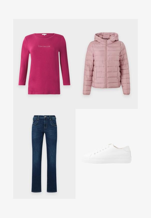 TOM TAILOR DENIM LIGHTWEIGHT PUFFER JACKET - Jas - bristly rose; Fuchsia langemouw hemd met een ronde halslijn en de tekst "TOM TAILOR" in rhinestones over de borst. Zachte katoenen stof.; Donkerblauwe denim jeans met een rechte pijp, vijf zakken en een standaard knoopsluiting. Bevat subtiele stikdetails.; Witte canvas sneakers met een laag ontwerp, ronde neus, zes veteropeningen en een gestructureerde rubberen zool. Gladde materialen met minimale accenten.