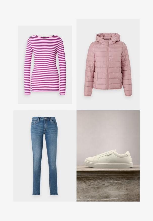 TOM TAILOR DENIM LIGHTWEIGHT PUFFER JACKET - Chaqueta de entretiempo - bristly rose; Camiseta de manga larga con forma ajustada, hecha de algodón suave. Presenta rayas horizontales rosas y blancas y un escote amplio.; TOM TAILOR TTLENE SLIM FIT - Vaqueros slim fit - clean mid stone blue denim; Zapatilla blanca de cuero con cordones flotando sobre un banco de madera, con hierba alta verde desenfocada al fondo en un entorno al aire libre.