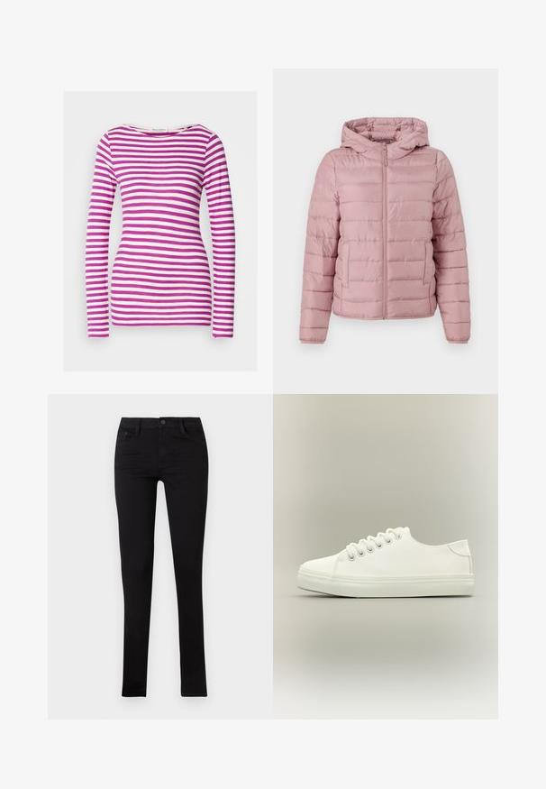 TOM TAILOR DENIM LIGHTWEIGHT PUFFER JACKET - Chaqueta de invierno - bristly rose; Camiseta de manga larga con forma ajustada, hecha de algodón suave. Presenta rayas horizontales rosas y blancas y un escote amplio.; Jeans skinny de mezclilla negra con cintura baja, bolsillos frontales y cierre de botón. Presenta una textura suave y un diseño minimalista.; Zapatilla blanca baja con cordones blancos y suela de goma mostrada desde vista lateral sobre un fondo neutro.