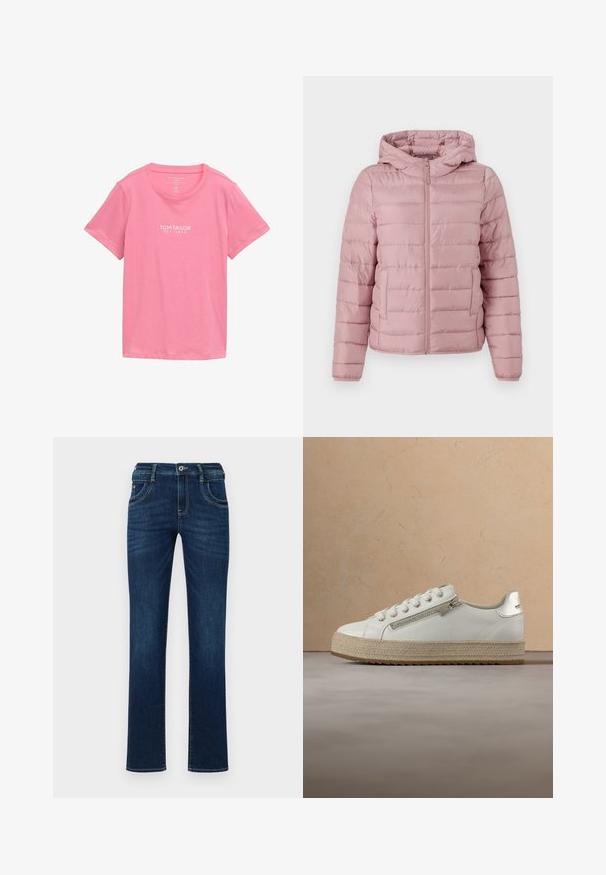 TOM TAILOR DENIM LIGHTWEIGHT PUFFER JACKET - Overgangsjakke - bristly rose; Lyserød T-shirt med korte ærmer lavet af blødt stof. Har rund halsudskæring og en hvid mærkelogo trykt på forsiden.; Mørkeblå denim jeans med lige ben, fem lomme-design og standard knaplukning. Har diskrete syninger.; Hvid lædersneaker med beige tekstureret sål, med lynlås i siden og snørebånd, hængende over et neutralt gulv og et bord i træ.