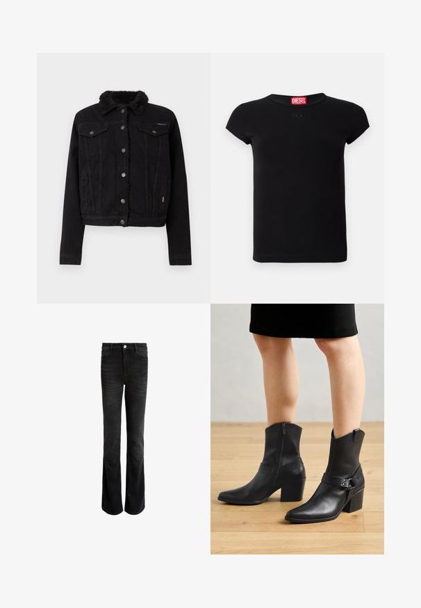Pepe Jeans REGULAR JACKET - Cowboyjakker - denim; Sort kortærmet tætsiddende T-shirt med rund halsudskæring og rød Diesel-logo etiket indeni kraven.; Sorte flared jeans lavet af denim, med høj talje, fem lommer og sølvfarvet knaplukning. Glat tekstur med subtilt falm.; Sorte læder ankelstøvler med spids tå, lynlås lukning, buet hæl og en dekorativ rem med metal detaljer.