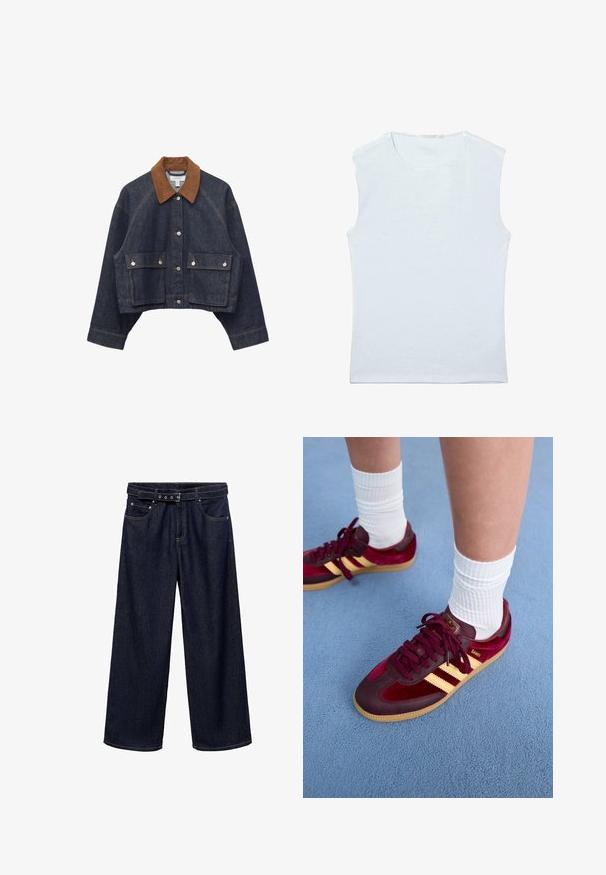 Mørkeblå crop-top cowboyjakke med brun fløjlskrave, frontknapper med trykknapper og to store klaplommer med trykknaplukning.; Ærmeløs hvid bomulds tanktop med rund halsudskæring og et enkelt, ensfarvet design.; Mørkeblå brede jeans lavet af denim. Har et bælte i taljen med flere knapper, forlommer og en ren afslutning ved sømmene.; Bordeaux ruskind og læder sneakers med gule striber og gummisål. Hvide ribbede sokker synlige over anklen, placeret på en blå struktureret overflade.