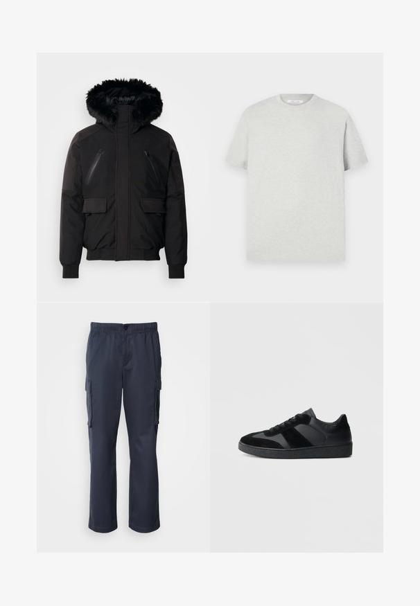 Veste isolante noire avec une capuche en fausse fourrure, poches zippées sur la poitrine et poches latérales à rabat. Elle dispose de poignets et d'un bas élastiques pour un ajustement serré.; T-shirt à manches courtes gris clair en matière douce, avec un col rond et une coupe décontractée, sans motifs ni accents visibles.; Pantalons cargo bleu marine, fabriqués en tissu léger, avec une taille élastique, deux poches latérales et deux poches cargo.; Baskets noires combinant cuir lisse et daim, avec une semelle en caoutchouc noire texturée et un détail de rayures discrètes.