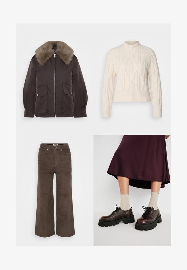 Brun jakke med en faux fur krave, front lynlås og to store klaplommer. Tekstureret stof og struktureret form, velegnet til koldt vejr.; Cremefarvet kabelstrikket sweater med høj hals, lange ærmer og ribbet kant. Har teksturerede mønstre og en afslappet pasform.; Brune bredbenede bukser i kordfløjl med ribbet tekstur, fem lommer og frontlukning med knap. Har et mærke i taljen.; Brune læder platform sko med tykke sorte såler, parret med ribbet beige strømper med bølgede kanter, mod en afdæmpet baggrund.