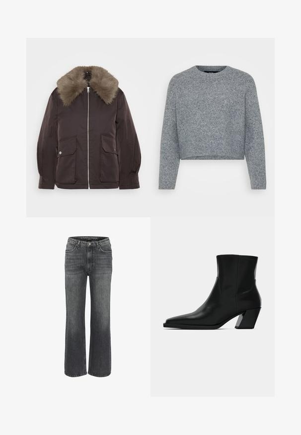 Braune Jacke mit einem Kragen aus Kunstfell, Frontreißverschluss und zwei großen Klappentaschen. Strukturierter Stoff und formstabile Silhouette, geeignet für kühle Temperaturen.; Grauer, verkürzter Pullover aus strukturiertem Strick, mit rundem Halsausschnitt und langen Ärmeln. Das Material wirkt weich und warm.; Weite Jeans aus dunkelgrauem Denim mit klassischem Fünf-Taschen-Design, genähten Details und einem Knopfverschluss an der Taille.; Schwarze Leder-Stiefelette mit spitzem Zeh, schlanker Silhouette und klobigem quadratischem Absatz. Glatte Textur mit minimalen Nähdetails.