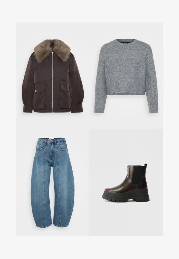 Brun jakke med en faux fur krave, front lynlås og to store klaplommer. Tekstureret stof og struktureret form, velegnet til koldt vejr.; Grå, cropped sweater i et struktureret strik, med en rund halsudskæring og lange ærmer. Materialet ser blødt og varmt ud.; Lyseblå højaldene jeans lavet af denim, med bred benklip, fem lommer og syningsdetaljer. Glat tekstur med et rent finish.; Brun læder ankelstøvle med elastiske sidepaneler, chunky sort platformssål og pull tab. Har en glat overflade og robust mønster.