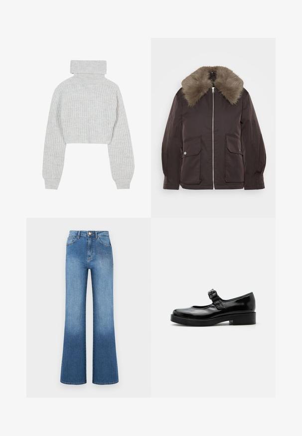Chaqueta marrón con un cuello de pelaje sintético, cierre frontal y dos grandes bolsillos con solapa. Tejido texturizado y forma estructurada, adecuada para el clima frío.; Suéter de punto gris claro, recortado, con cuello alto tipo tortuga, mangas anchas y un patrón ribeteado texturizado. Material suave con un ajuste ligeramente holgado.; Jeans acampanados de mezclilla azul con cintura alta, con un sutil patrón floral formado por detalles metálicos en el lado izquierdo.; Zapato Mary Jane de charol negro con punta redondeada, tacón bajo de bloque y una correa ajustable con hebilla sobre el empeine.