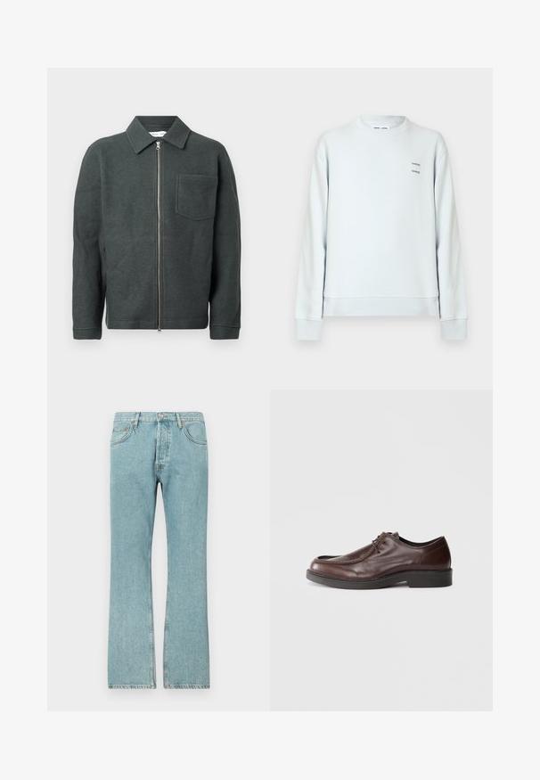 Donkergroene wollen jas met een kraaghals, voorkant rits en enkele borstzak. Kenmerken een gestructureerde afwerking en een relaxte pasvorm.; Lichtblauwe sweater, ronde hals, lange mouwen. Voorzien van een kleine donkergekleurde tekstlogo op de borst. Zachte stoftextuur.; Lichtblauwe denim jeans met een recht model, voorzien van vijf zakken en een knoopsluiting. Zichtbare stiksels en rafelige zoomdetails.; Bruine leren nette schoen met een ronde neus, minimale stiksels en een stevige zwarte zool. Voorzien van vetersluiting en een gladde textuur.