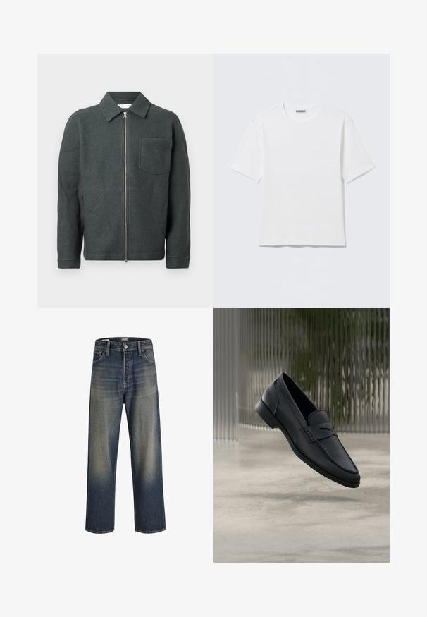 Mørkegrøn uldjakke med kravehals, frontlynlås og en enkelt brystlomme. Har en struktureret overflade og en afslappet pasform.; Hvid, kortærmet t-shirt med rund hals og et lille "WEEKDAY"-mærke på indersiden af bagkraven, vist på en flad overflade.; Bredde ben jeans i mørkeblå denim med en gradient finish, der har en knaplukning, fem lomme-design og strukturerede syninger.; Sort læderloafer med glat finish, spids tå og sømdetaljer over vristen. Lav hæl og minimalistisk design.