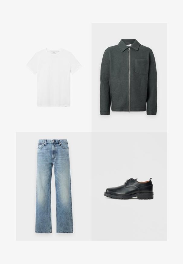 Donkergroene wollen jas met een kraaghals, voorkant rits en enkele borstzak. Kenmerken een gestructureerde afwerking en een relaxte pasvorm.; Witte katoenen T-shirt met een ronde hals, korte mouwen en een subtiele logodetail op de borst. Gladde textuur en een standaard fit.; Lichtblauwe denim jeans met rechte pijpen, een hoge taille, vijf zakken, knoopsluiting en subtiele vervaging op de dijen en knieën.; Zwarte leren derby schoenen met een gladde textuur, ronde neus, vetersluiting en een dikke, robuuste rubberen zool.