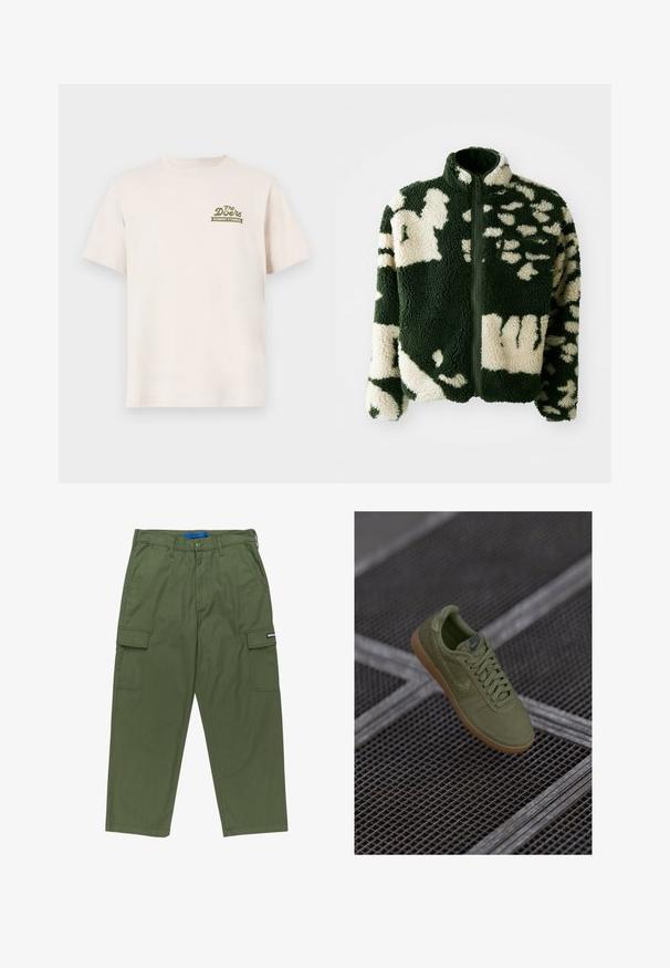 Fleecejack met een groen en crème patroon, hoge kraag, volledige rits en een borstzak. Zachte textuur en warme stof.; Crème katoenen t-shirt met korte mouwen. Bevat een groen logo met de tekst "The Doors ELEMENT X TIMBER!" op de linkerborst.; Groene cargobroek met een rechte pasvorm, meerdere zijzakken en een ritssluiting. Gemaakt van duurzaam katoen. Voorzien van een merkembleem.; Groene Nike sneaker met gumzool en getextureerde swoosh, weergegeven boven een metalen roosteroppervlak.