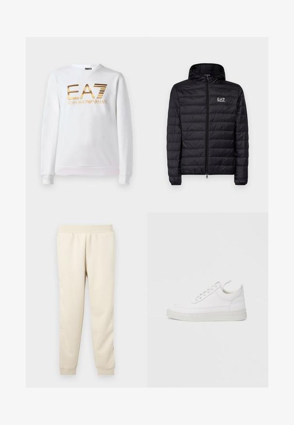 Chaqueta acolchada negra con capucha, con un diseño de acolchado horizontal, cremallera completa y logo de EA7 en la parte izquierda del pecho. Textura suave.; Sudadera blanca de algodón con mangas largas y cuello redondo. Presenta un logo metálico dorado "EA7 EMPORIO ARMANI" en la parte delantera.; Pantalones de chándal beige claro hechos de una tela suave, con un diseño ajustado, cinturilla elástica y puños en los tobillos. Sin patrones ni acentos visibles.; Zapatilla blanca de cuero con punta redondeada, suela plana y cierre de cordones. Presenta detalles de costuras y un cuello acolchado para mayor comodidad.