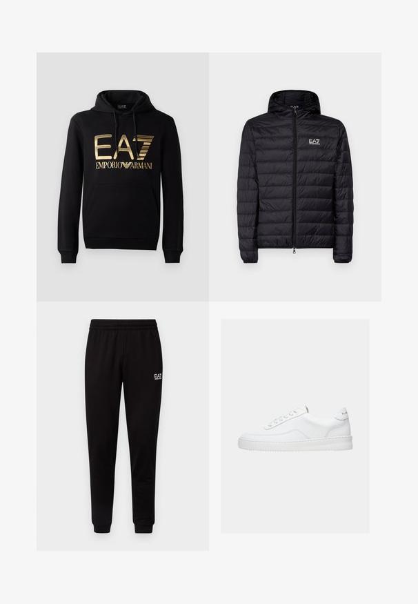 Sort polstret jakke med hætte, som har horisontalt quiltet design, fuld lynlås og EA7-logo på venstre brystområde. Glat tekstur.; Sort hættejakke med et guld EA7-logo og "EMPORIO ARMANI" tekst på forsiden. Inkluderer en frontlomme og hætte med snore.; Sorte sweatpants med elastisk talje, tætsiddende ben og et lille hvidt logo på den øverste venstre side. Glat tekstur og enkelt design.; Hvid lavt sneaker med snørelukning, glat læderoverdel og tyk sål, vist fra siden på en ensfarvet baggrund.