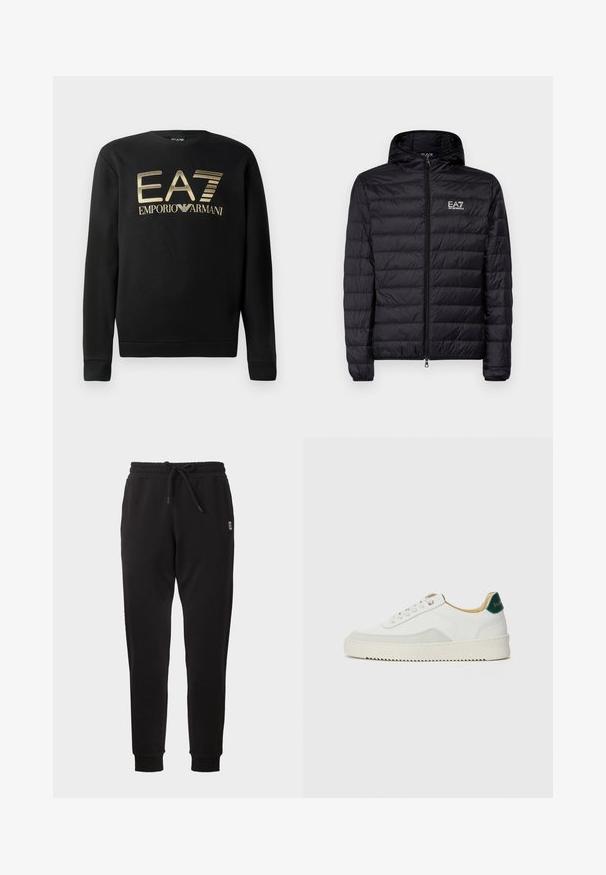 Must must jacket, mille äärisega, horisontaalse tikandiga disain, täis lukuga ning EA7 logo vasakul rinnal. Sile tekstuur.; Mustsa kapuutsita sviiter, millel on rinna peal kuldne EA7 Emporio Armani logo. Pehme kangas ribiga varrukate ja äärtega.; Mustad kitsenevad dressipüksid elastse vöökoha, nöör, küljetaskute ja soonikkoes mansettidega, esitatud ühevärvsel taustal.; Valged tennisjalanõud, millel on sametised aktsendid, ümar varvas, lame nöörid ja kreemjas kummine põhja. Hästi nähtav roheline bränding kannal.