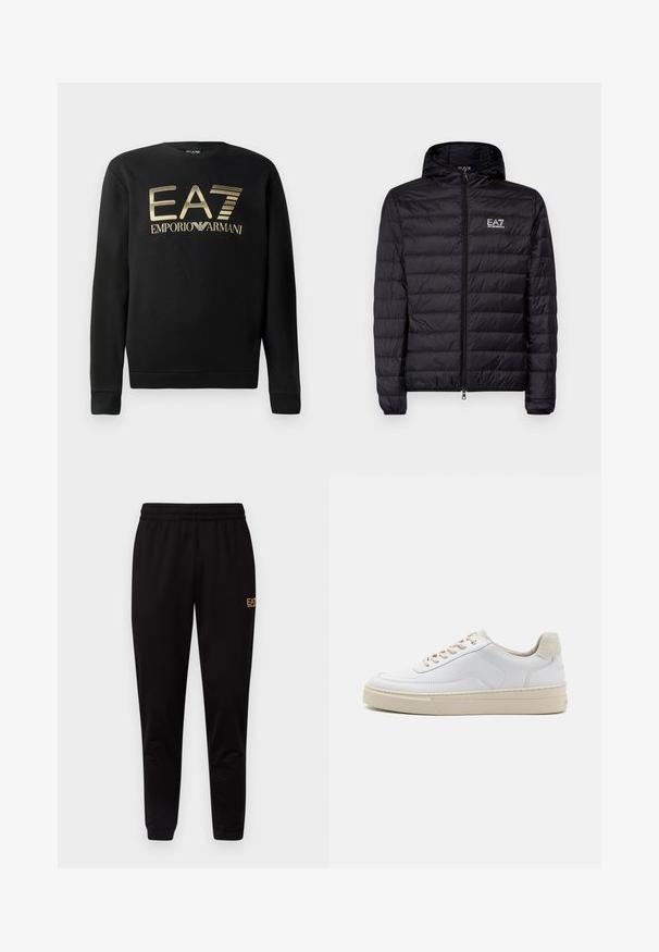 Schwarze gepolsterte Jacke mit Kapuze, mit horizontal gestepptem Design, vollem Reißverschluss und EA7-Logo auf der linken Brustseite. Glatte Textur.; Schwarzer Pullover mit Rundhalsausschnitt, mit goldenem EA7 Emporio Armani-Logo auf der Brust. Weicher Stoff mit gerippten Bündchen und Saum.; Schwarze Jogginghose mit einem elastischen Bund, taillierten Bündchen und einem kleinen gelben Logo am oberen linken Bein. Weicher, glatter Stoff.; Weiße Sneaker mit einem glatten Lederobermaterial, beigen Schnürsenkeln und einer strukturierten, beigen Wildleder-Fersenschlaufe. Erhöhte Sohle für zusätzlichen Komfort.