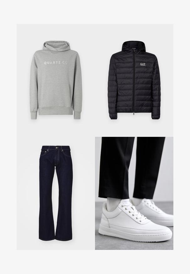 Zwarte gewatteerde jas met capuchon, met een horizontaal doorgestikte dessin, volledige rits en EA7-logo op de linkerkant van de borst. Glad textuur.; Grijze pullover hoodie van zachte stof, met een capuchon met trekkoord en een voorzak, met "QUARTZ CO" subtiel gedrukt op de borst.; Donkerblauwe denim flared jeans met een hoge taille, voorzien van contrasterende gele stiksels en metalen accenten bij de taille en zakken.; Witte leren sneakers met een platte rubberen zool, met een soepele afwerking, ronde neus en metalen oogjes voor de veters. Draag ze met een zwarte broek.