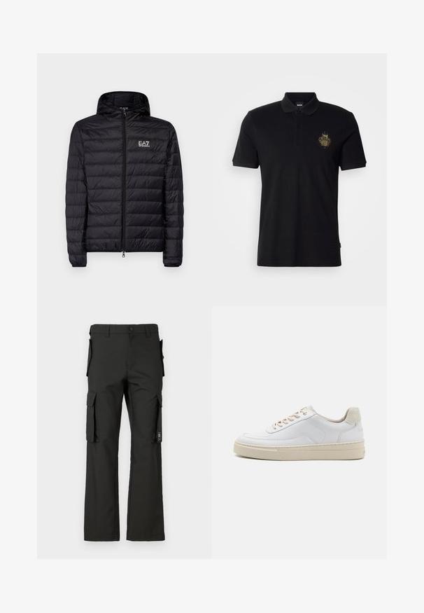 Zwarte gewatteerde jas met capuchon, met een horizontaal doorgestikte dessin, volledige rits en EA7-logo op de linkerkant van de borst. Glad textuur.; Zwart poloshirt van katoen, met een twee-knopenbies, korte mouwen en een gouden logo-accent op de borst. Eenvoudig ontwerp.; Zwarte cargobroek met een recht silhouet, voorzien van meerdere zijzakken en een knoopsluiting. Gemaakt van duurzaam materiaal met een soepele textuur.; Witte sneaker met een gevoerd leren bovenwerk, beige veters en een gestructureerde beige suede hieltab. Verhoogde zool voor extra hoogte.