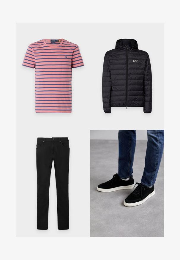 Must must jacket, mille äärisega, horisontaalse tikandiga disain, täis lukuga ning EA7 logo vasakul rinnal. Sile tekstuur.; Lühikeste varrukatega roosa puuvillane T-särk, millel on tumesinised horisontaalsed triibud. Vasakul rinnal on väike sinine logo. Klassikaline ümmargune kaelus.; Mustad sirge säärega püksid esikäepidemete ja lukuga, vööaasadega ning viie taskuga, valgel taustal.; Mustast nahast tennisetossud valge kummiseguga tallaga, klassikalise madala disainiga, ümarate varvastega ja lame mustade paeltega.