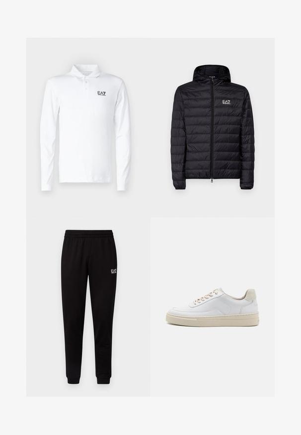 Must must jacket, mille äärisega, horisontaalse tikandiga disain, täis lukuga ning EA7 logo vasakul rinnal. Sile tekstuur.; Valge pika varrukaga polo särk, mis on valmistatud puuvillast, klassikalise krae, kolme nööbiga ja musta EA7 logoga rinnaosas.; Mustad mustad püksid elastse vöökohtaga, kitsenevate jalgadega ja väikese valge logoga vasakul ülal. Sile tekstuur ja lihtne disain.; Valged tennisajalatsid, millel on sile naha pealis, beežid paelad ja tekstureeritud beežist seemisnahast kand. Tõstetud tallad lisatud kõrguse saavutamiseks.