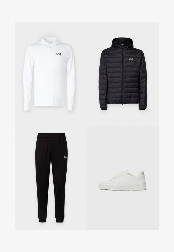 Doudoune noire rembourrée avec capuche, présentant un design matelassé horizontal, une fermeture éclair complète et le logo EA7 sur la zone de la poitrine gauche. Texture lisse.; Polo à manches longues blanc en coton, avec un col classique, trois boutons et un logo EA7 noir sur la poitrine.; Pantalon de survêtement noir avec une taille élastique, des jambes fuselées et un petit logo blanc en haut à gauche. Texture lisse et design simple.; Baskets en cuir blanc avec une finition lisse, bout arrondi, lacets plats et semelle texturée. Présente un logo discret sur le talon.