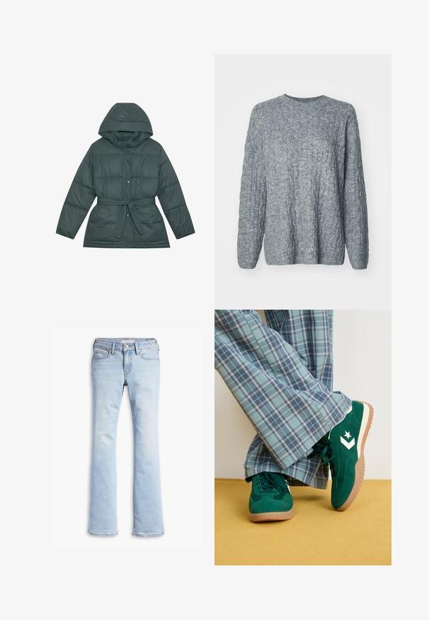 Chaqueta de plumas de color verde oscuro con capucha, que presenta una cintura ceñida con cinturón, botones a presión y textura acolchada. Material sintético suave.; Suéter gris de punto con un diseño texturizado y acanalado. Cuello redondo y mangas largas. Fabricado con un material suave de peso medio.; Vaqueros de denim azul claro con cintura ajustada, botón y cremallera en la parte delantera, bolsillos delanteros y traseros, y piernas ligeramente acampanadas.; Zapatillas de ante verdes con acentos blancos y un logo de estrella, combinadas con pantalones de cuadros azules de pierna ancha, sobre un suelo amarillo.