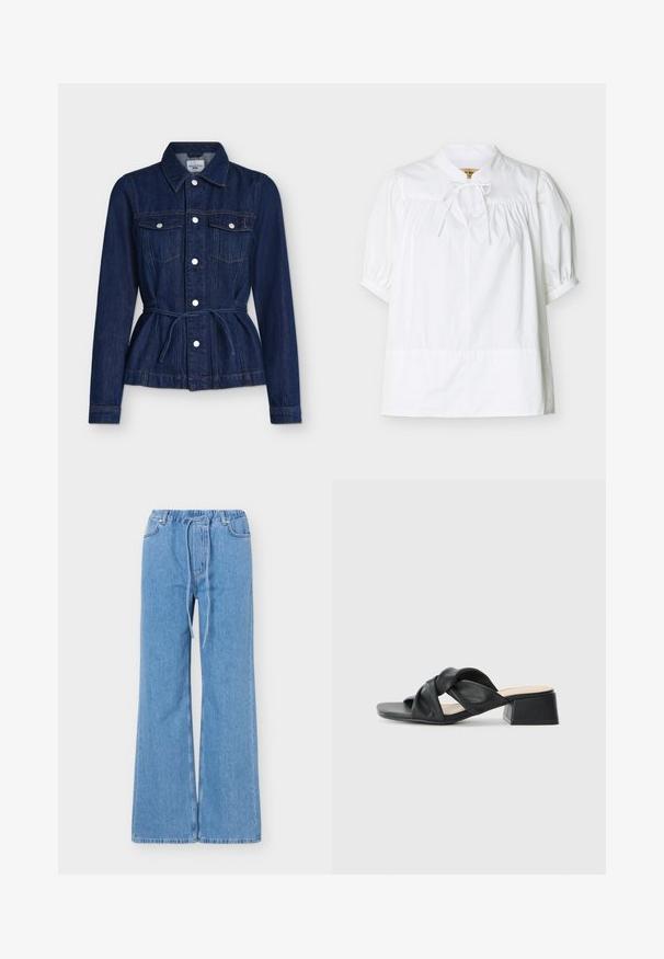 Dunkelblaue Denimjacke mit langen Ärmeln, Vorderknopfleiste, Brusttaschen und einem Taillengürtel zum Binden.; Weiße Bluse mit kurzen Ärmeln, gerafftem Einsatz und Puffärmeln, mit kleinem Stehkragen und einer gebundenen Schleife am Hals.; Hellblaue Jeans mit weitem Bein, elastischem Bund und Kordelzug, Vordertaschen und Gürtelschlaufen.; Schwarze Ledersandale mit einem gedrehten Oberdesign, quadratischer Zehenpartie und einem niedrigen Blockabsatz, ausgestattet mit einer glatten Textur und minimalistischen Stil.