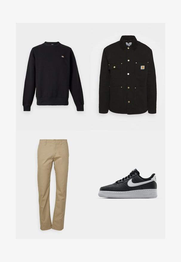 Carhartt WIP CHORE - Übergangsjacke - black; Schwarzer Sweatshirt mit Rundhalsausschnitt, langen Ärmeln, gerippten Bündchen und Saum sowie kleinem rechteckigem Logo-Patch auf der linken Brust.; Beige Chinos mit geradem Bein, ausgestattet mit einem Knopfverschluss, Gürtelschlaufen und einer glatten Baumwollstoffstruktur.; Schwarze Ledersneaker mit strukturierten Oberflächen, weißem Nike-Swoosh, grauer Sohle, runder Zehenpartie und Schnürdesign. Verfügt über Perforationen an der Zehenbox.