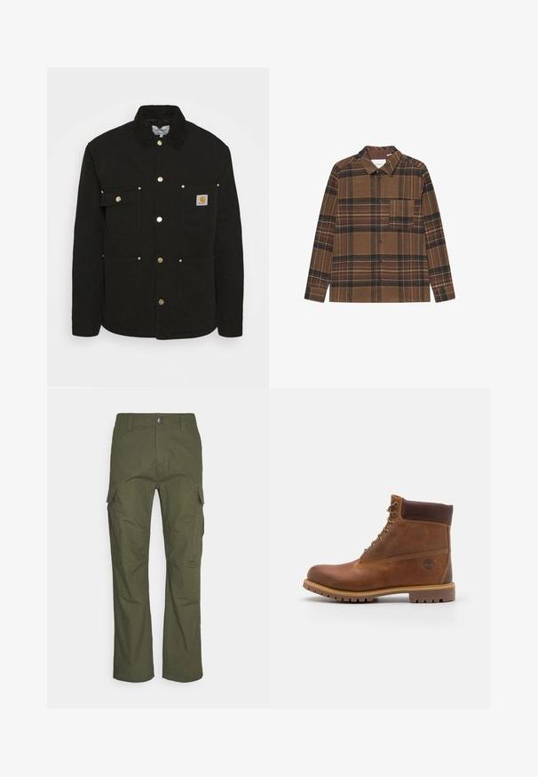 Carhartt WIP CHORE - Chaqueta de entretiempo - black; Camisa de cuadros marrón hecha de tejido suave, con mangas largas, cierre de botones, cuello y un único bolsillo en el pecho que presenta rayas de colores.; Pantalones cargo en verde oliva oscuro, con múltiples bolsillos laterales, un corte recto y una tela resistente con un acabado texturizado.; Botas de senderismo de cuero marrón con un acabado suave, tobillo acolchado, ojales de metal y suela de goma con un patrón de tracción robusto.